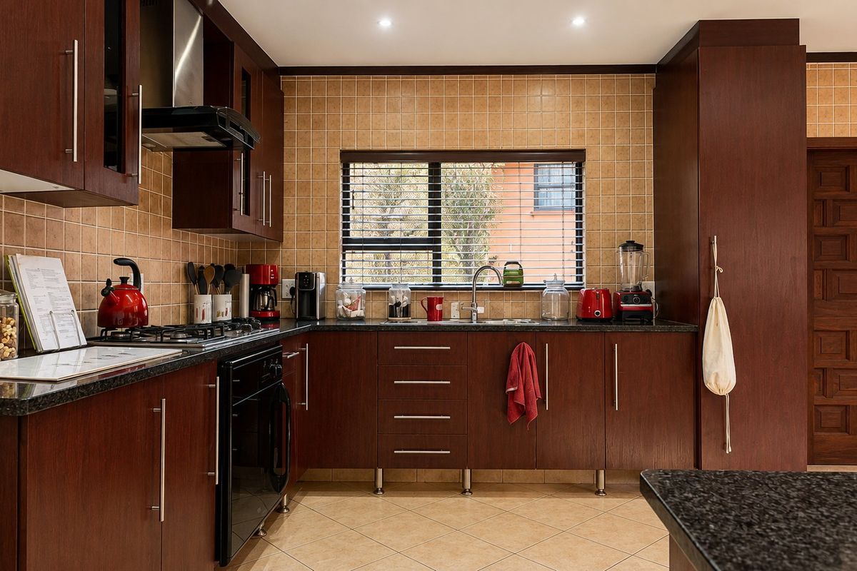 A functional kitchen featuring dark wood cabinetry, granite countertops, tiled backsplash, and integrated appliances, offering a classic and practical workspace.