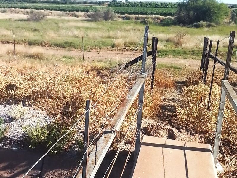 View of the rear property boundary featuring weathered wire fencing, metal posts, and a concrete step leading toward the open landscape.