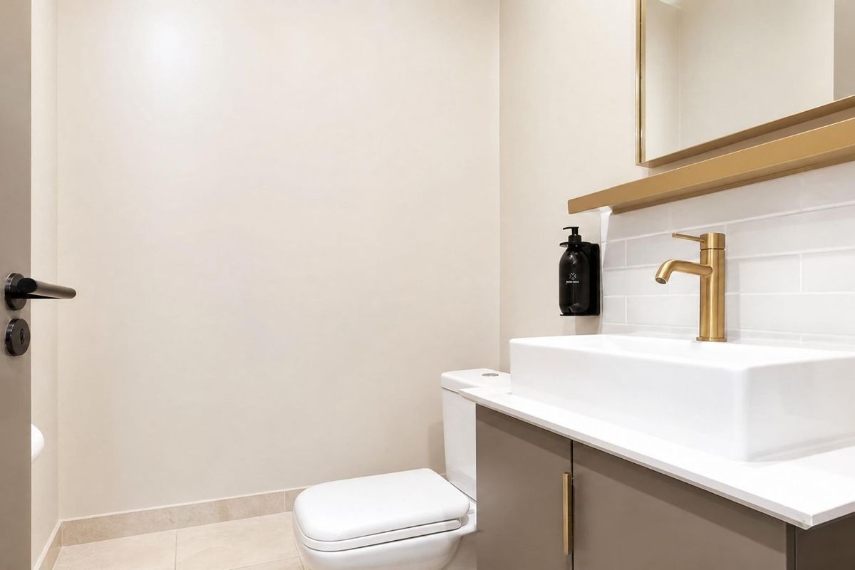 Modern guest bathroom featuring a sleek vanity with brass fixtures, subway tile backsplash, and a clean, contemporary design.