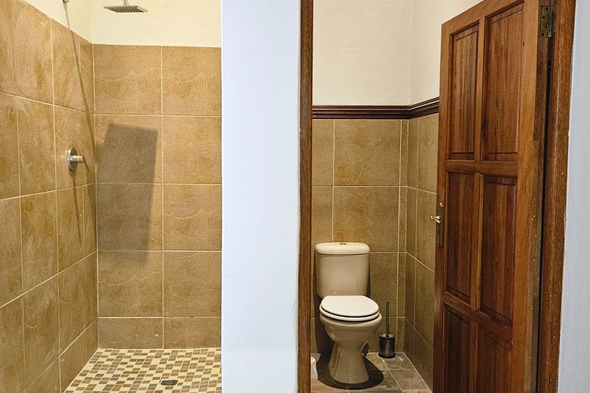 A functional bathroom featuring a walk-in shower with rainfall shower head, tiled walls, and a separate toilet area with a wooden door.
