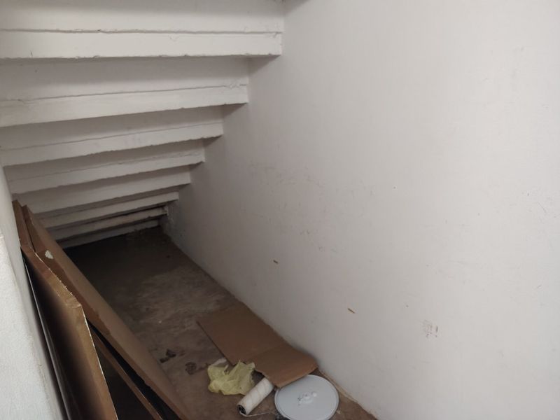 A utilitarian storage or access space featuring a concrete staircase and unfinished wall and floor surfaces.