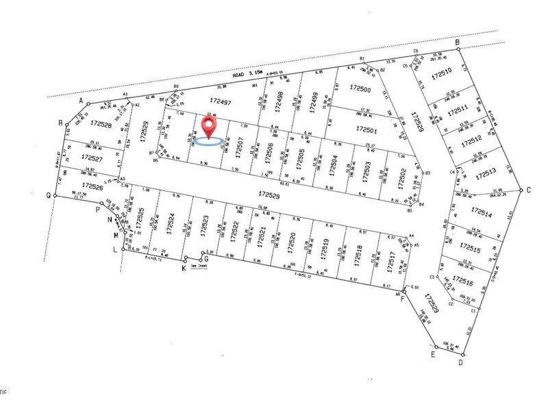 A detailed cadastral survey map showing property boundaries, lot numbers, and road access for the residential estate.