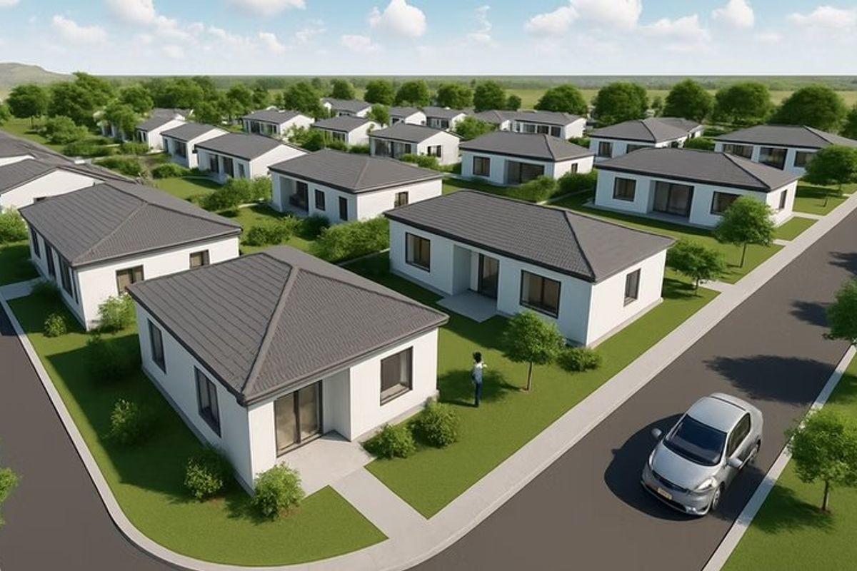 An aerial view of a residential development featuring multiple detached single-story homes with tiled roofs, paved walkways, and landscaped surroundings.