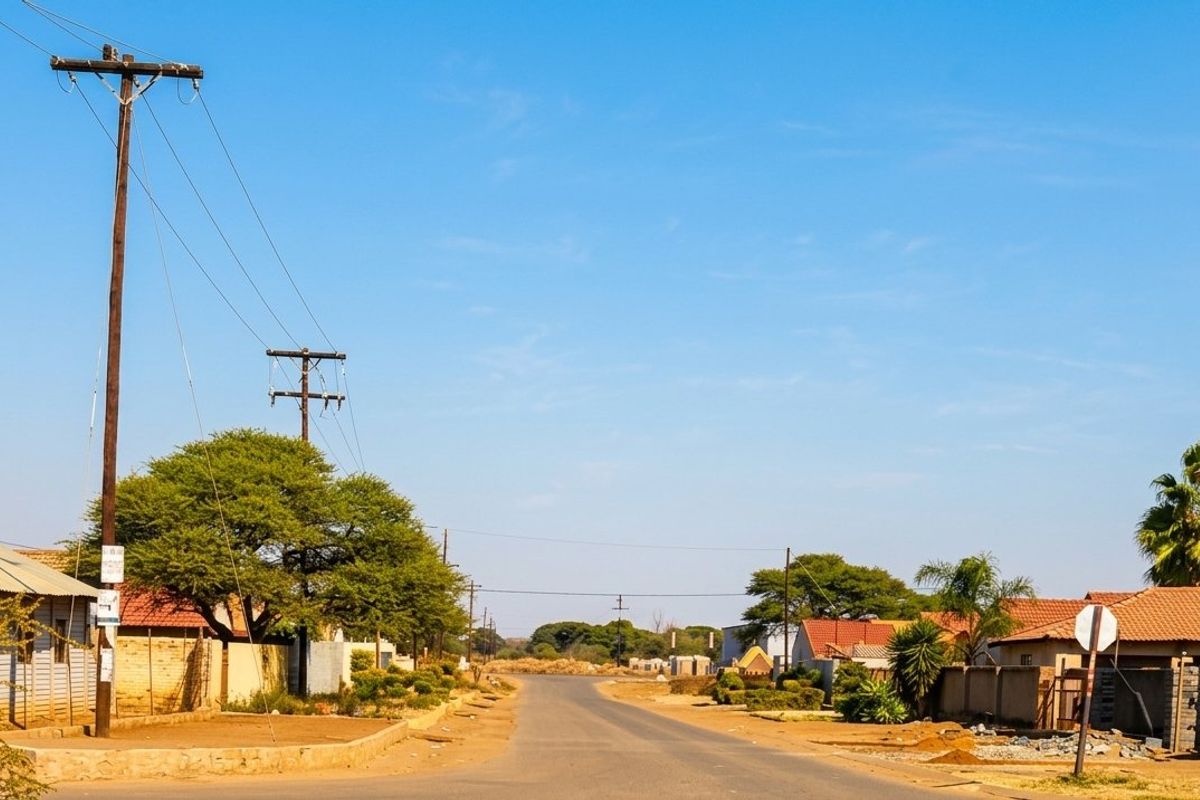 A street view showing the local road infrastructure, utility poles, and surrounding residential properties in a developing neighborhood.