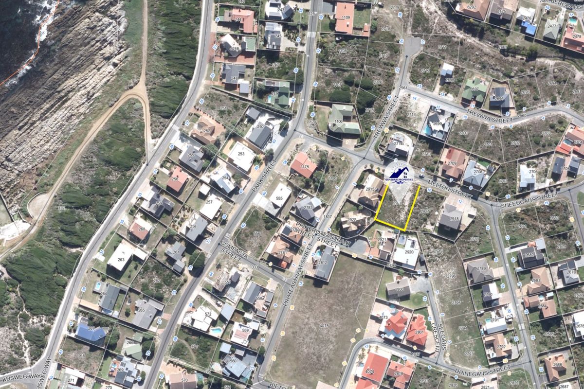 An aerial view of a vacant residential plot located in a coastal neighborhood, highlighting its position within the street layout.