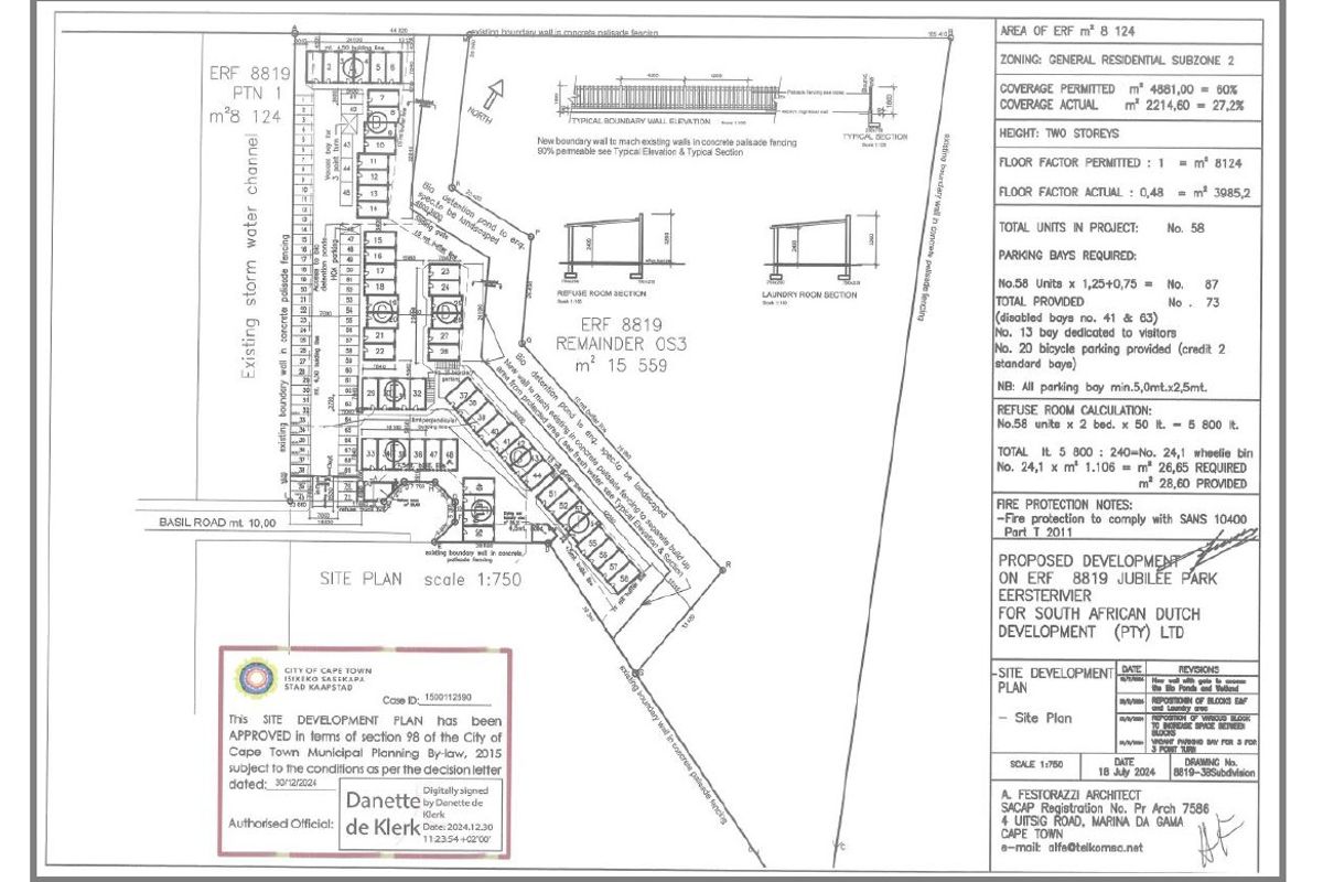 A detailed site development plan for Erf 8819, outlining the proposed residential development, zoning specifications, and site layout.
