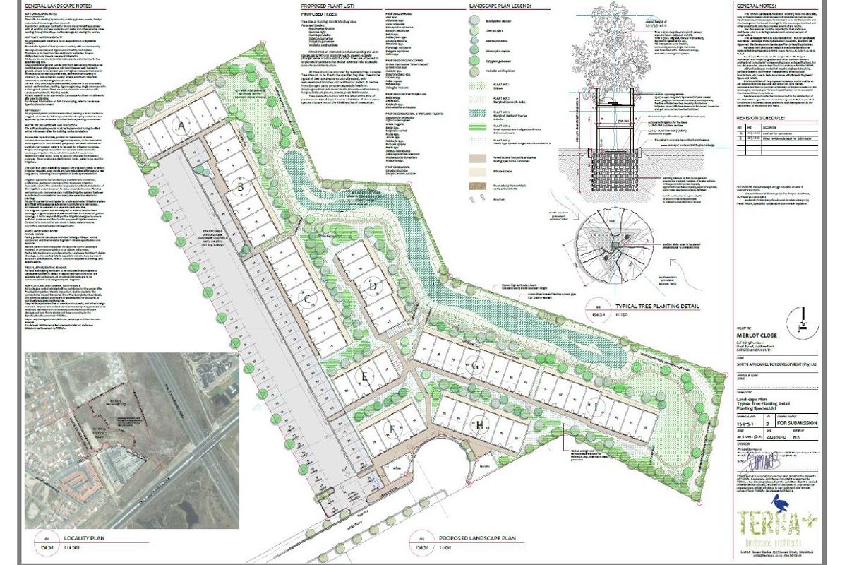 A detailed landscape architectural plan for a residential development, including site layout, planting schedules, and typical tree planting details.