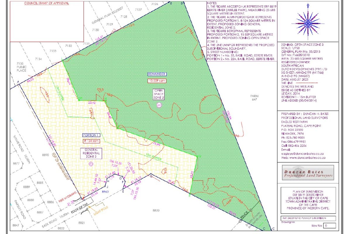 A professional land subdivision survey plan detailing the boundaries, zoning, and site measurements for the residential property.