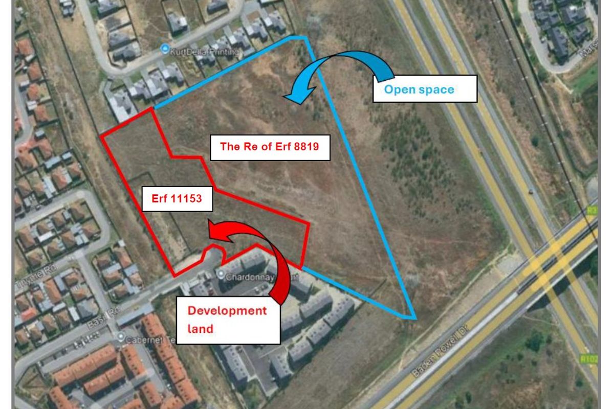Aerial view showing the boundaries of Erf 11153 and the remaining extent of Erf 8819, highlighting the available residential development land.