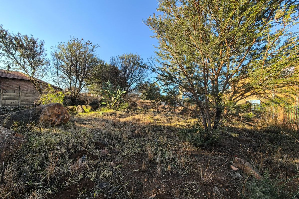 A view of a vacant residential plot featuring natural vegetation, mature trees, and rocky terrain, enclosed by a boundary wall.