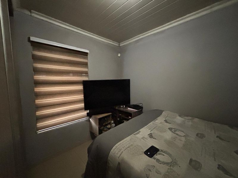 A bedroom featuring a timber ceiling, cornice detailing, and fitted roller blinds on the window.
