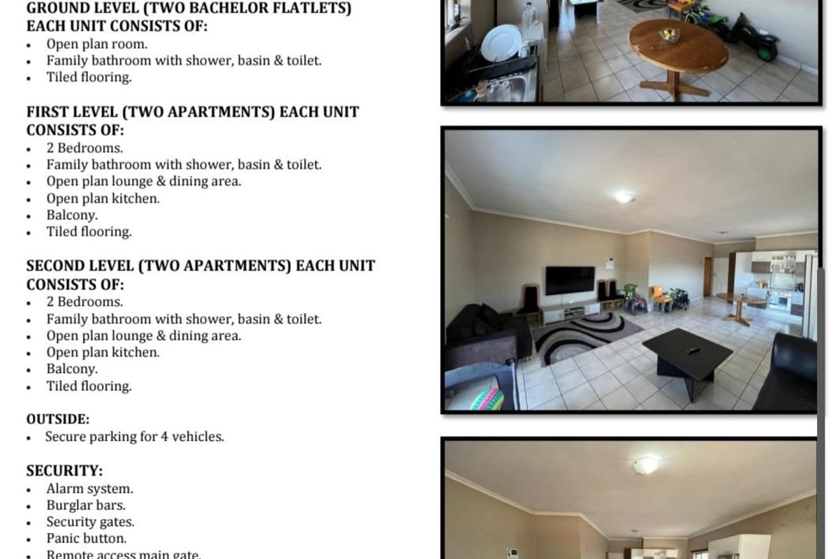 A multi-view collage showing an open-plan living and kitchen area with tiled flooring and security bars on the windows.