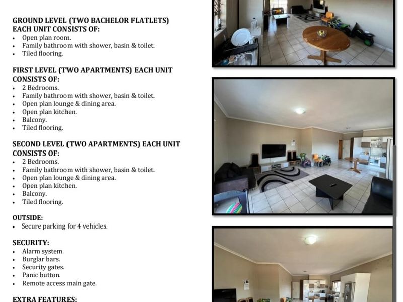 A multi-view collage showing an open-plan living and kitchen area with tiled flooring and security bars on the windows.