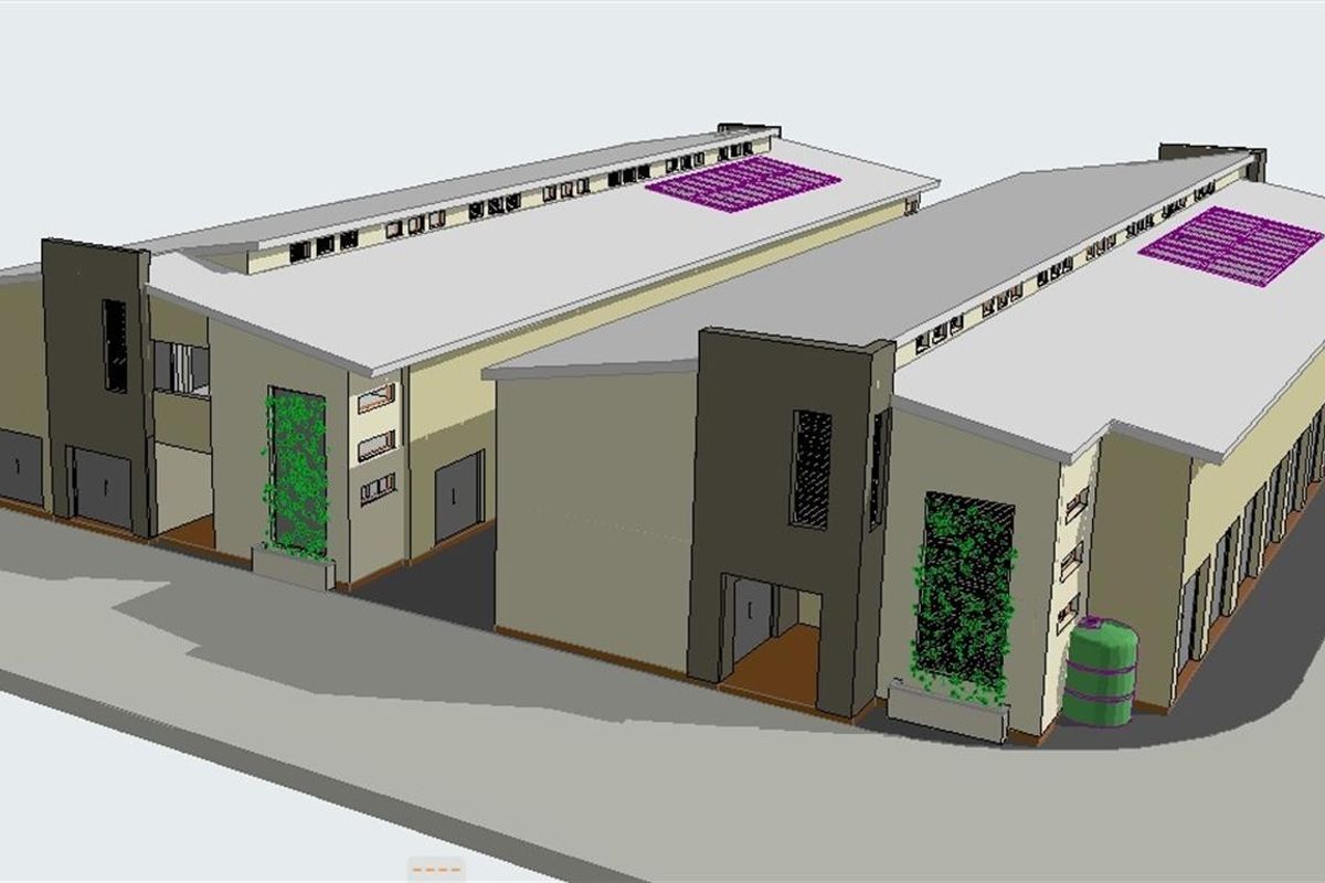 A 3D architectural rendering showing the proposed layout and design of two industrial warehouse buildings with integrated vertical garden features.