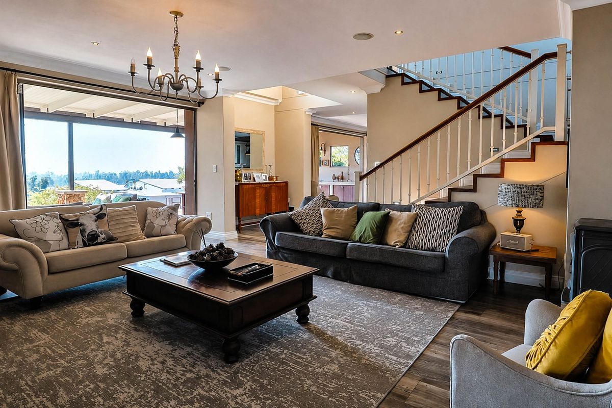 Spacious living room featuring hardwood flooring, a classic staircase with a wooden balustrade, recessed lighting, and large sliding doors opening to an outdoor area.