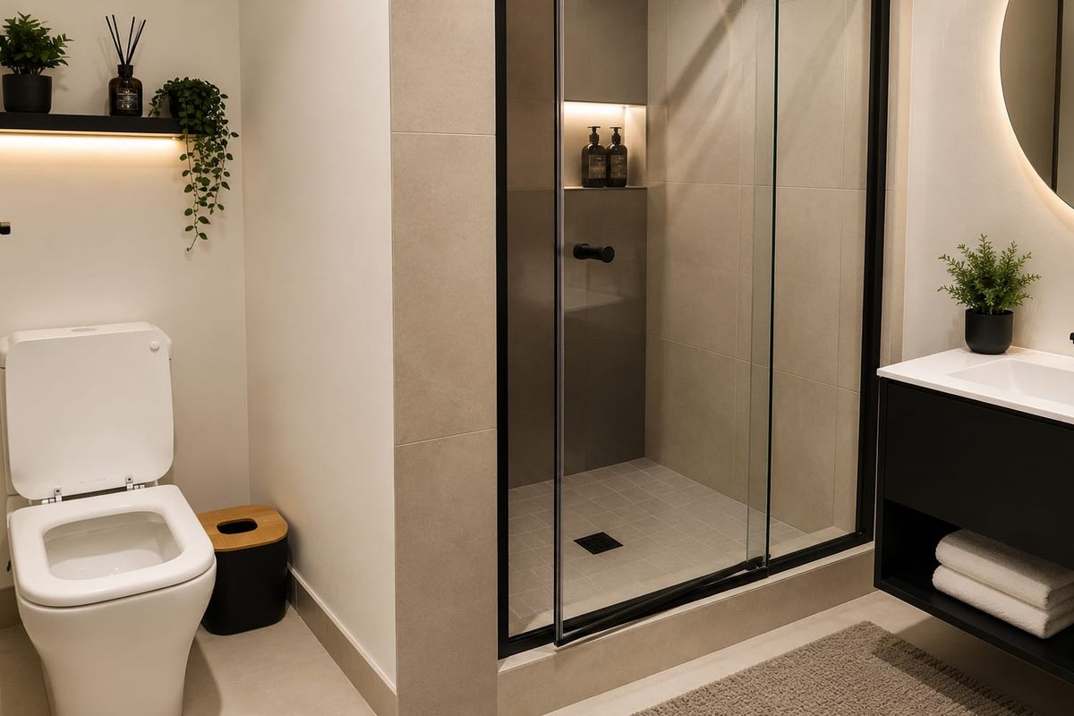 Modern bathroom featuring a walk-in shower with black fixtures, a sleek wall-mounted vanity, and a backlit circular mirror.