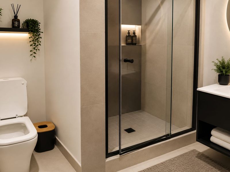 Modern bathroom featuring a walk-in shower with black fixtures, a sleek wall-mounted vanity, and a backlit circular mirror.
