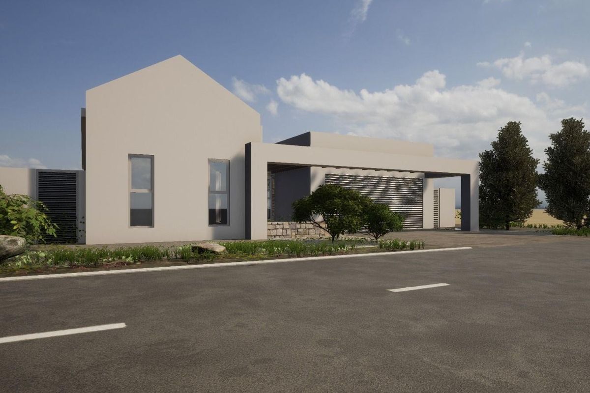 A modern architectural rendering of a contemporary house featuring clean lines, stone accents, and a spacious covered entrance area.