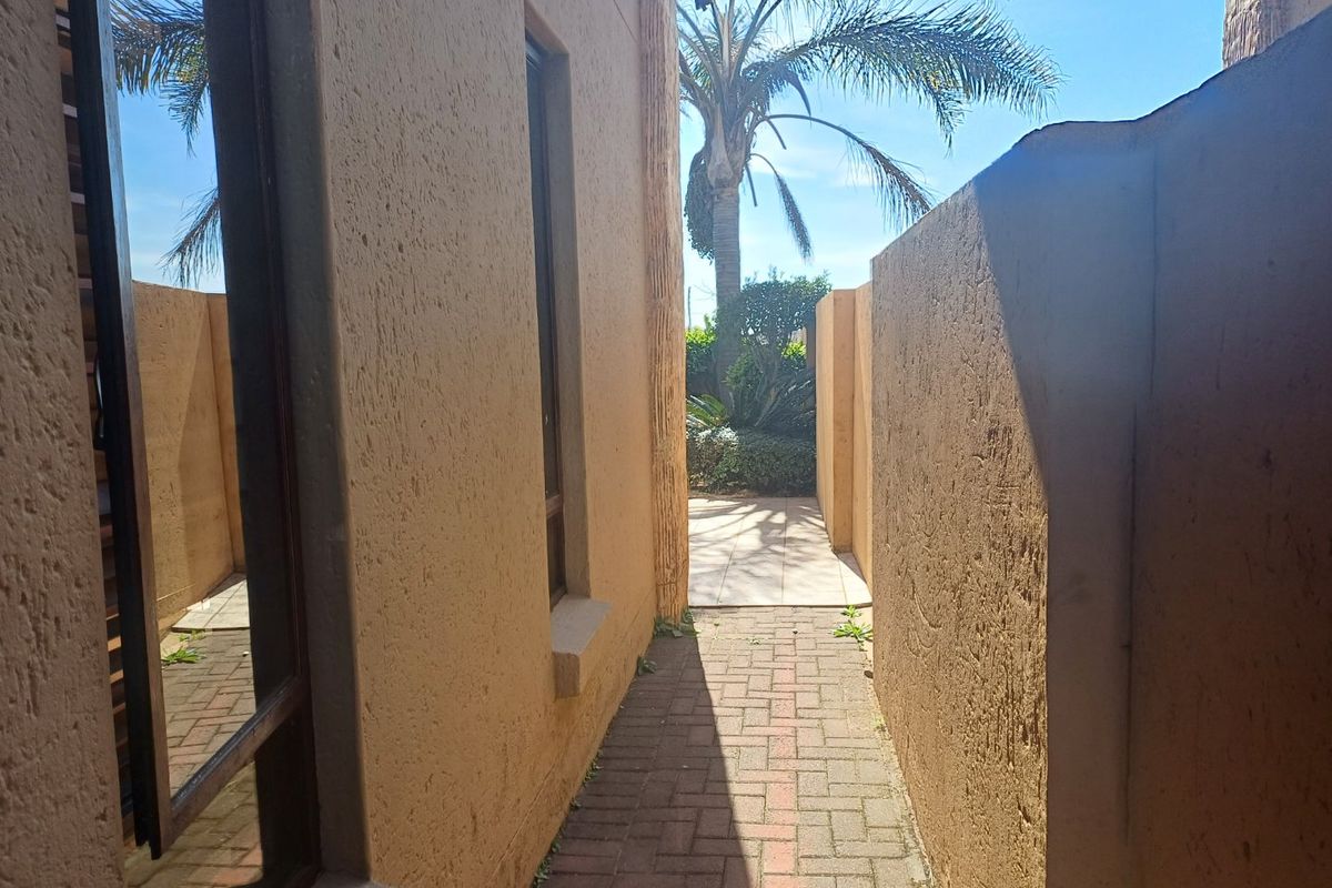 A narrow paved side walkway leading to the rear garden area, featuring textured exterior walls and established landscaping.