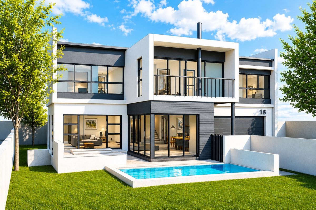 A modern two-story residential property featuring a rear swimming pool, balcony, and large glass sliding doors, showcasing contemporary architectural design.