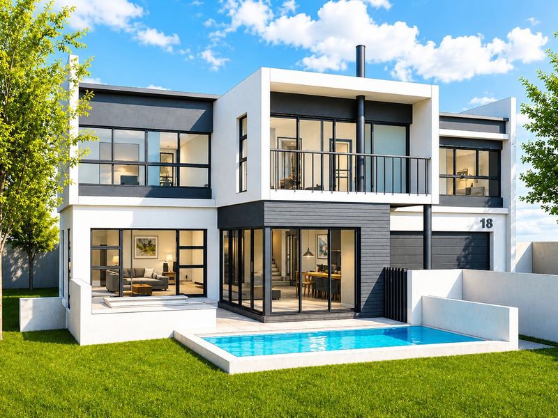 A modern two-story residential property featuring a rear swimming pool, balcony, and large glass sliding doors, showcasing contemporary architectural design.