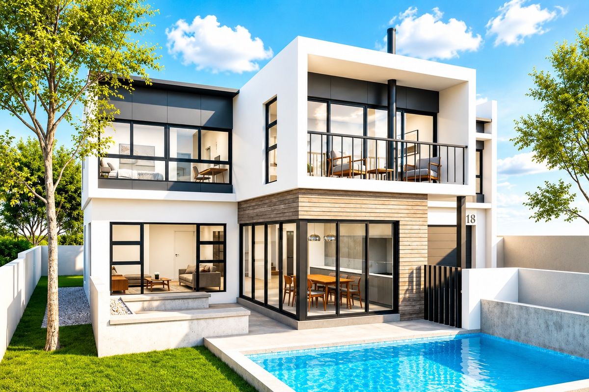 Modern two-story residence featuring a swimming pool, rear patio, timber accents, and expansive glass sliding doors opening to the living and dining areas.