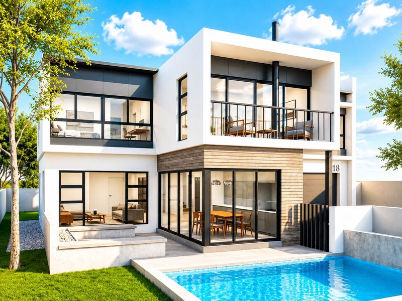 Modern two-story residence featuring a swimming pool, rear patio, timber accents, and expansive glass sliding doors opening to the living and dining areas.