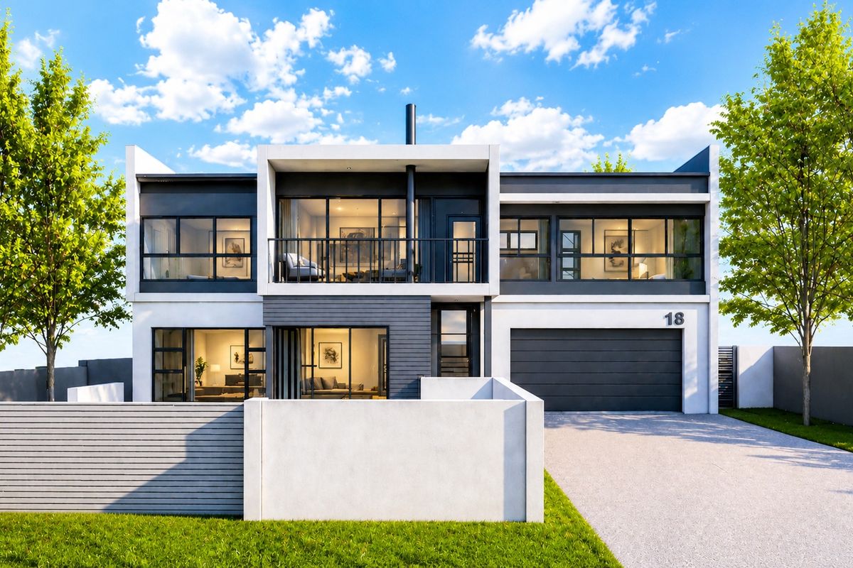 Modern double-storey residential property featuring a contemporary facade, integrated garage, and a balcony, set within a landscaped plot.