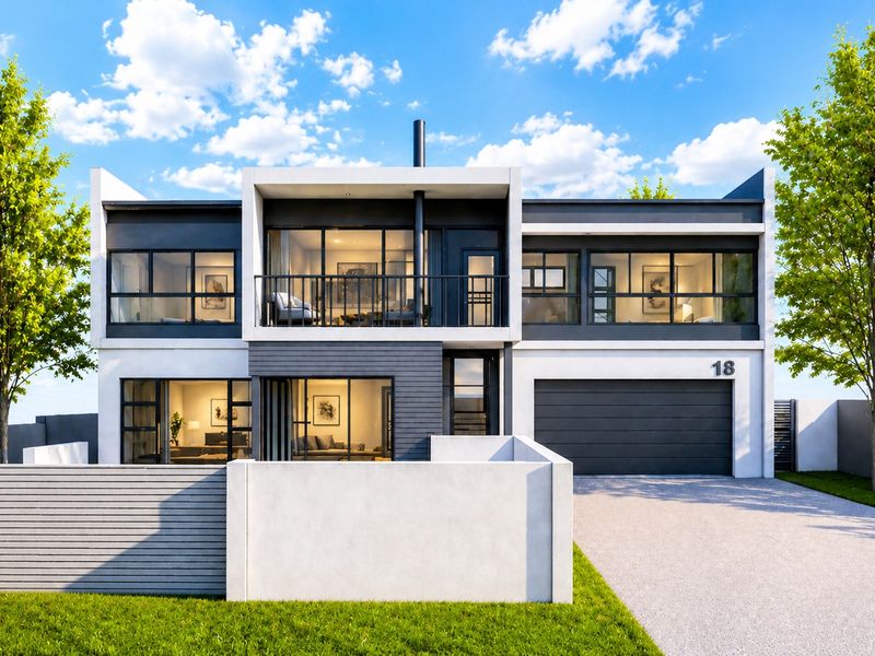 Modern double-storey residential property featuring a contemporary facade, integrated garage, and a balcony, set within a landscaped plot.