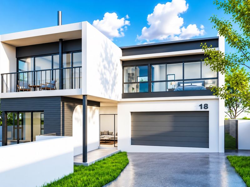 Modern double-storey residential property featuring a clean architectural design, integrated garage, and an upper-level balcony with large glass sliding doors.