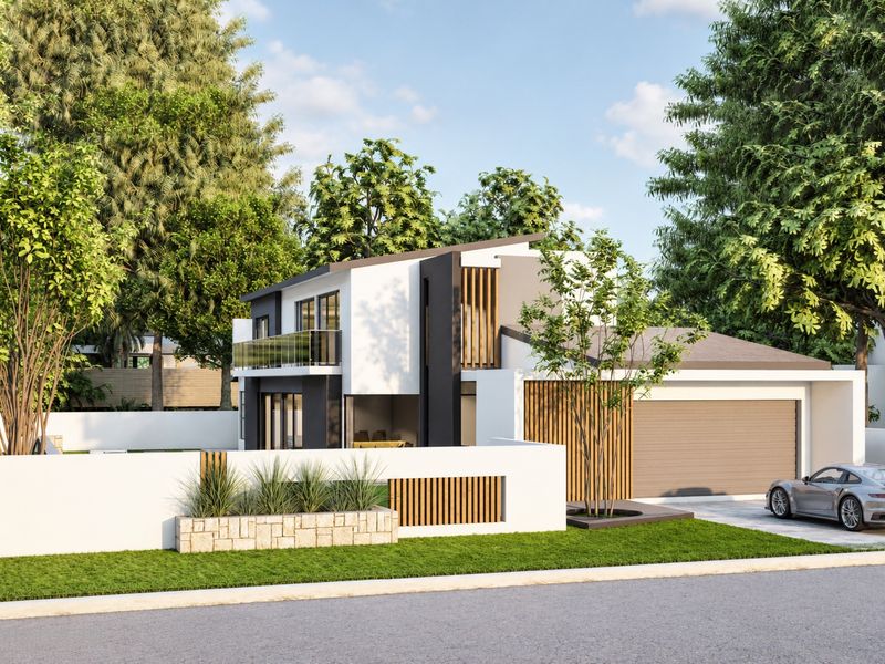 Modern architectural front elevation featuring a double garage, timber slat accents, stone planter box, and a glass-railed balcony.
