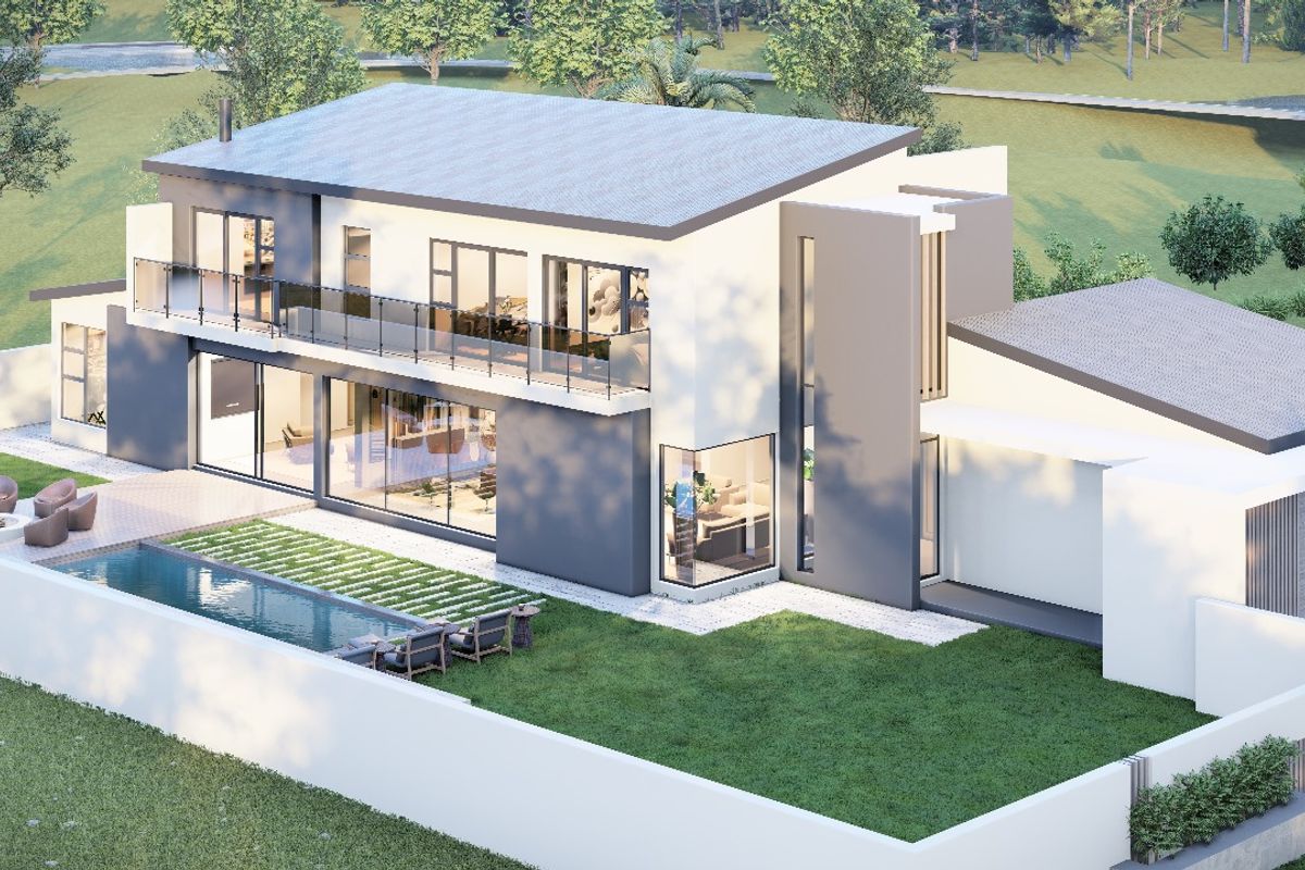 Aerial view of a modern two-story residential property featuring a swimming pool, landscaped garden, and a spacious upper-level balcony.