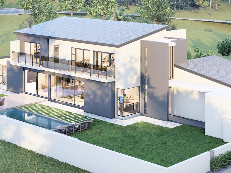 Aerial view of a modern two-story residential property featuring a swimming pool, landscaped garden, and a spacious upper-level balcony.