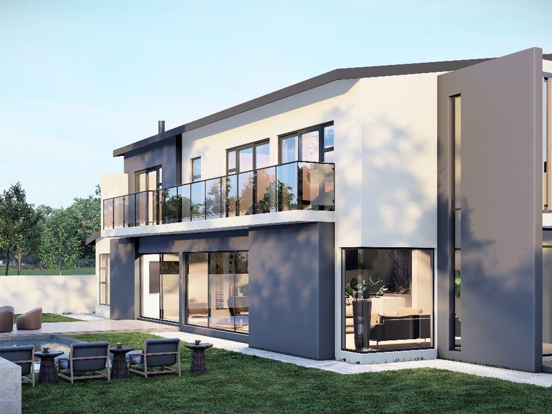 Modern two-story residential exterior featuring a sleek facade, expansive glass sliding doors, a balcony with a glass balustrade, and a private swimming pool area.