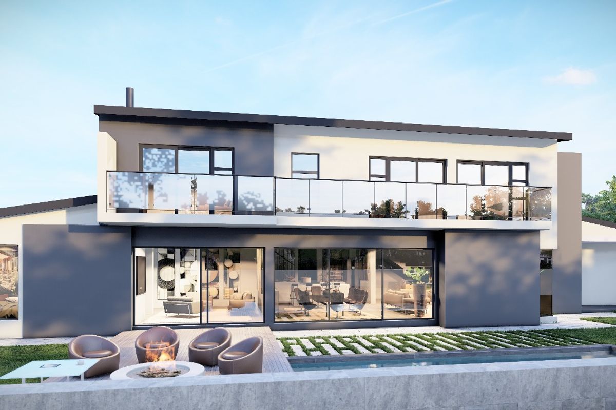 Modern two-story residence featuring a rear patio, swimming pool, fire pit area, and a spacious upper-level balcony with glass balustrades.