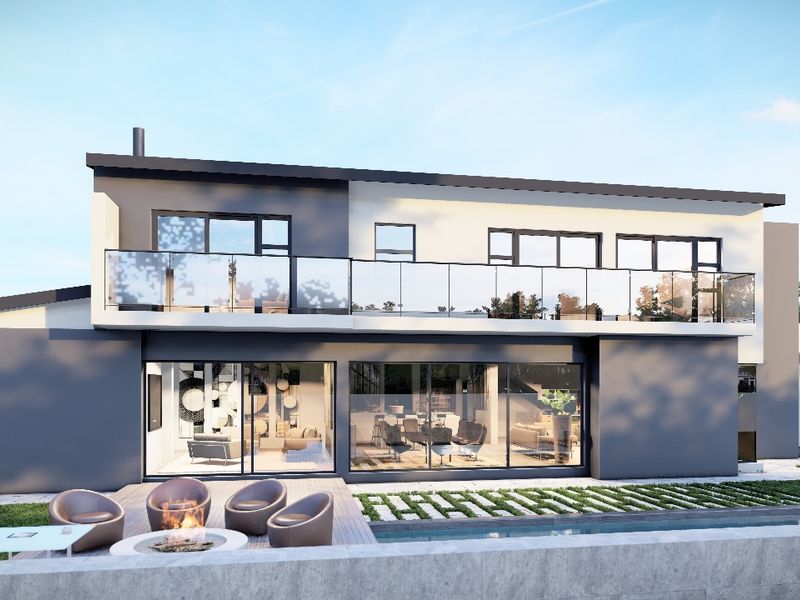 Modern two-story residence featuring a rear patio, swimming pool, fire pit area, and a spacious upper-level balcony with glass balustrades.