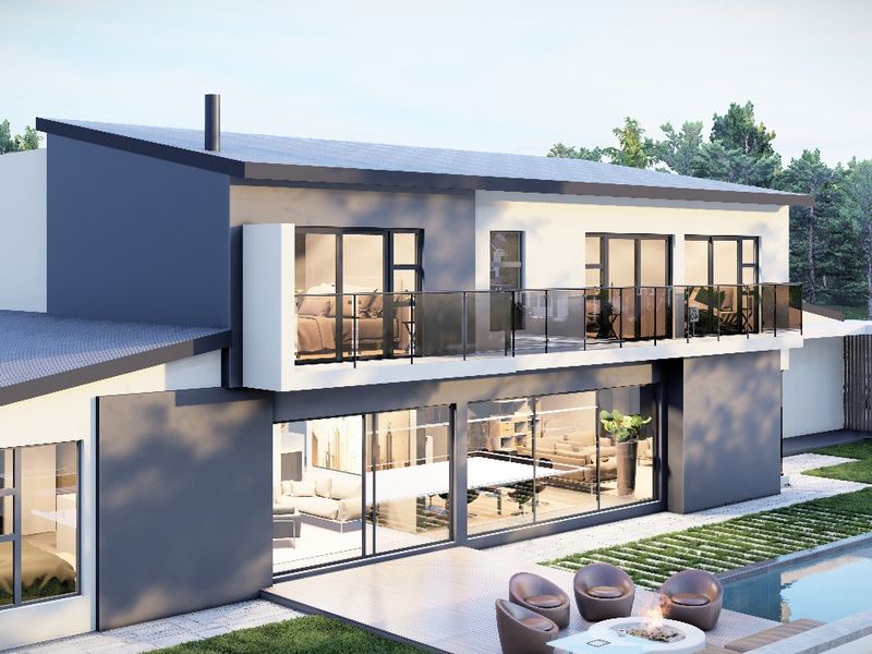 Modern two-story residence featuring a rear patio, swimming pool, and upper-level balcony with glass balustrades, showcasing contemporary architectural design.