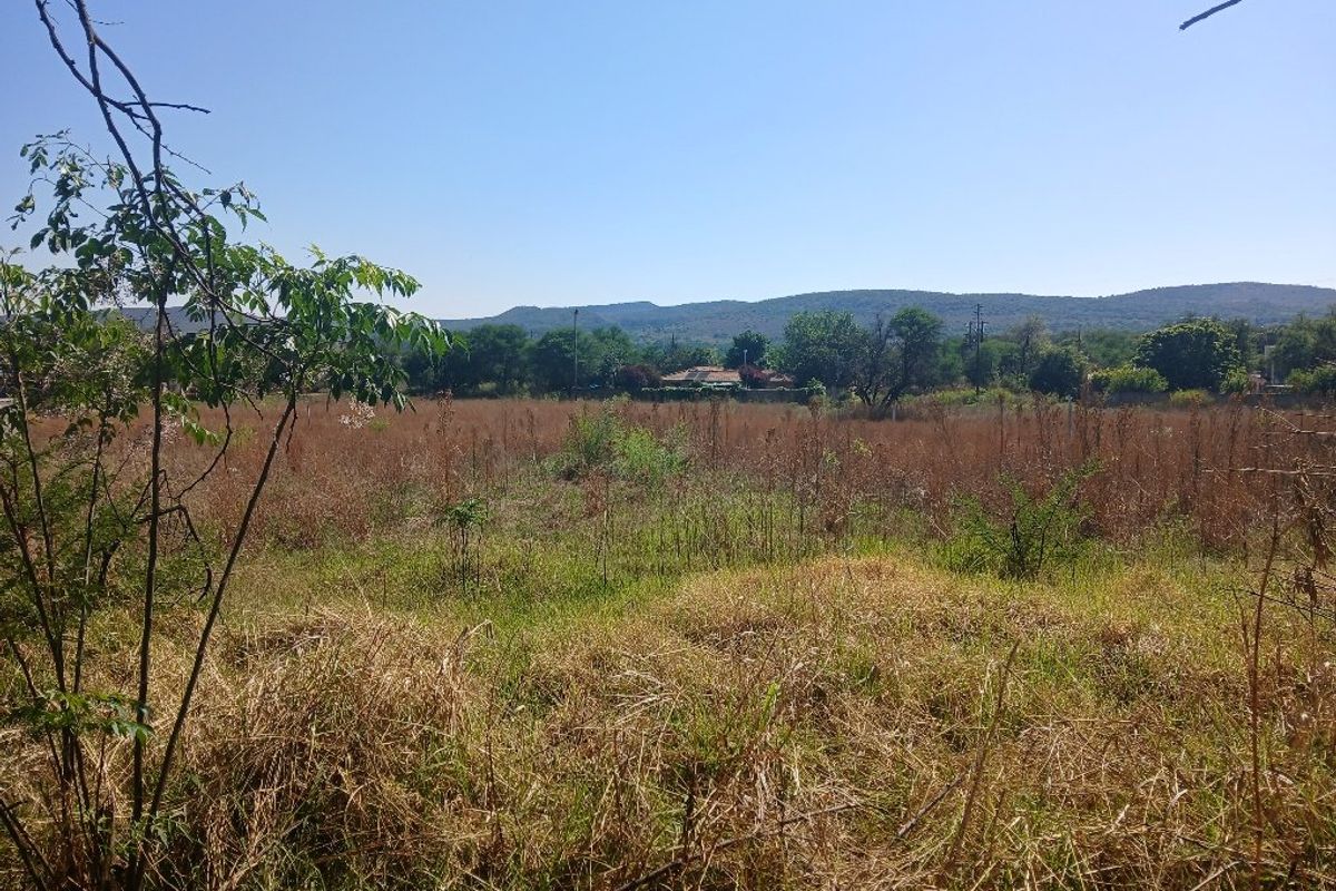 A view of the vacant residential land featuring dry grass and vegetation with distant hills and trees in the background.