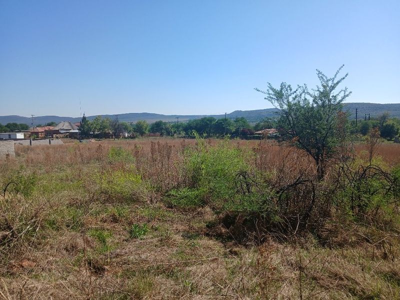 A view of a vacant residential plot featuring natural vegetation and a boundary wall, set against a scenic mountain backdrop.