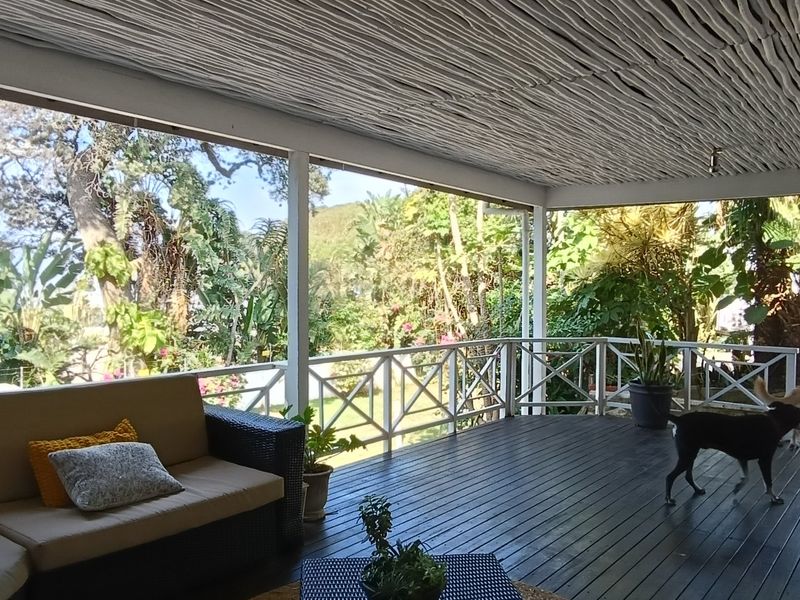 Spacious covered patio featuring timber decking, a unique thatched ceiling, and a timber balustrade, overlooking a lush garden area.