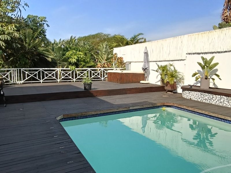 Outdoor pool area featuring a swimming pool surrounded by timber decking, a built-in bench, and a perimeter wall with lush garden surroundings.