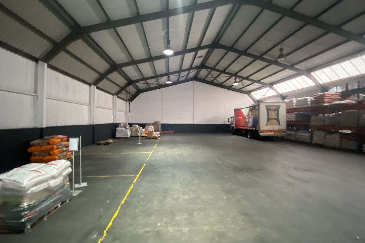 Spacious industrial warehouse featuring a high-clearance steel portal frame, concrete flooring, and integrated high-bay lighting, suitable for storage or logistics operations.