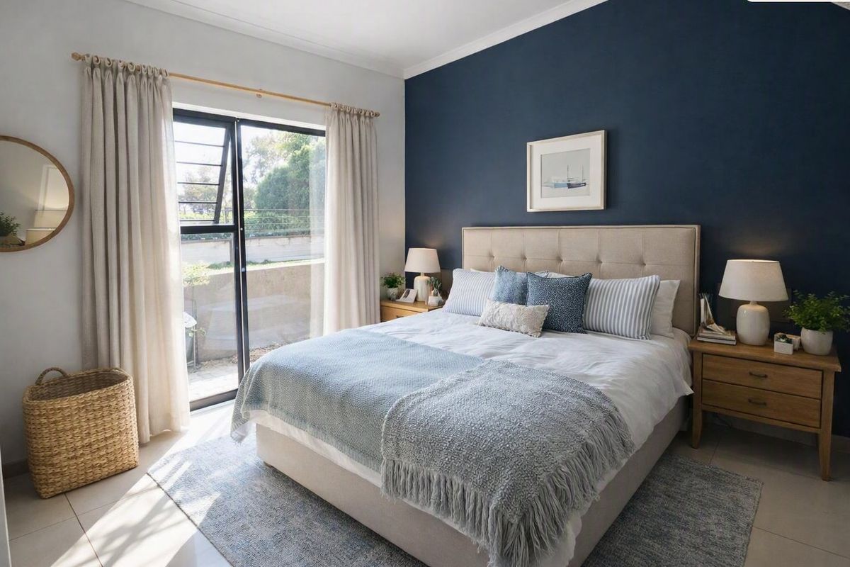 A well-maintained bedroom featuring a bold navy accent wall, tiled flooring, and a sliding glass door providing access to the exterior.