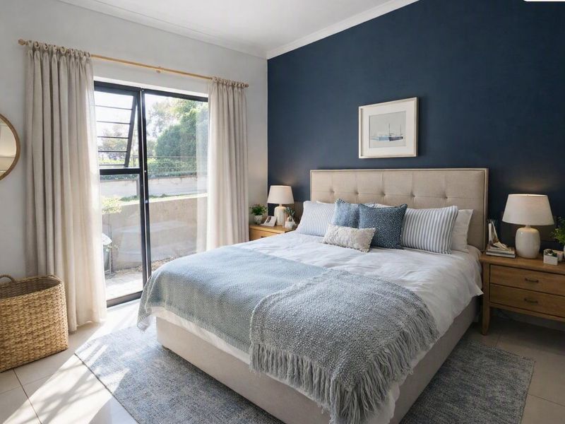 A well-maintained bedroom featuring a bold navy accent wall, tiled flooring, and a sliding glass door providing access to the exterior.