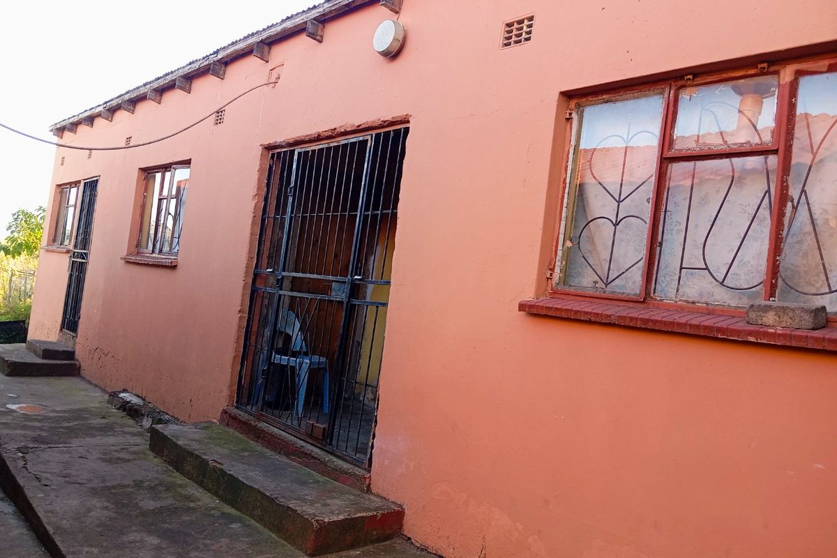 Rear exterior view of the house featuring painted masonry walls, steel security gates, and concrete pathways requiring maintenance.