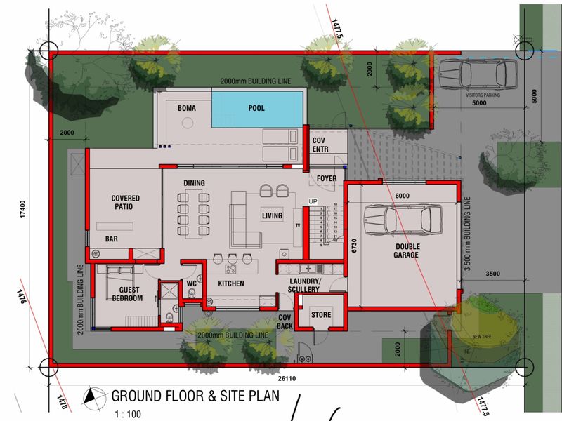 A detailed ground floor and site plan showing the layout of the house, including the pool, garage, and living areas.