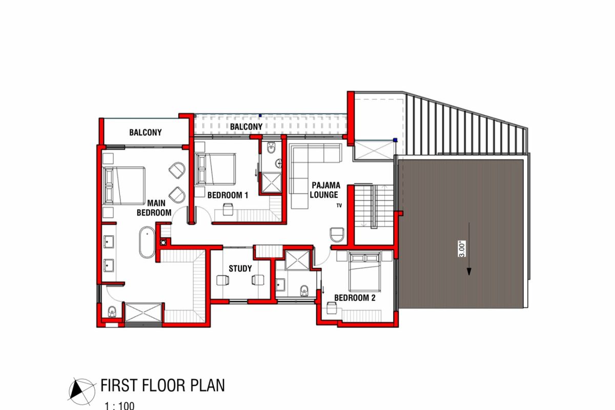 A detailed first floor architectural plan showing the layout of bedrooms, bathrooms, study, pajama lounge, and balcony areas.