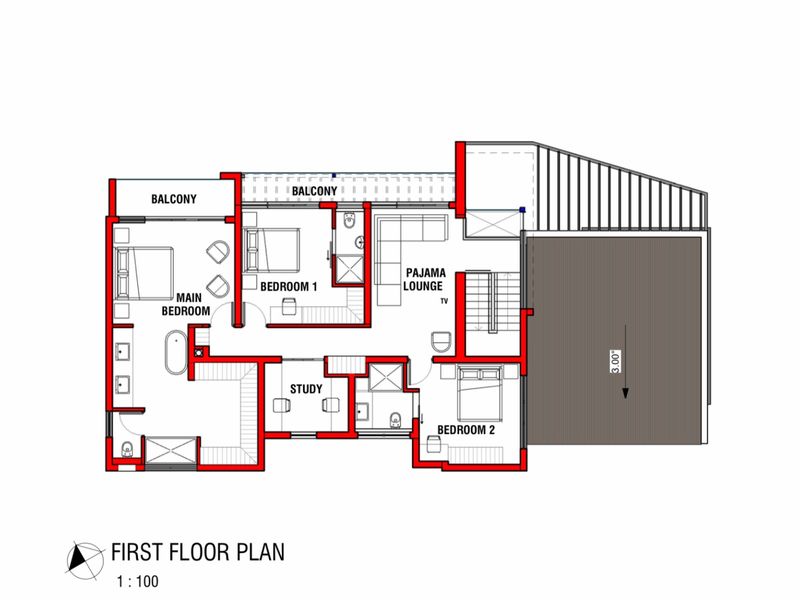 A detailed first floor architectural plan showing the layout of bedrooms, bathrooms, study, pajama lounge, and balcony areas.