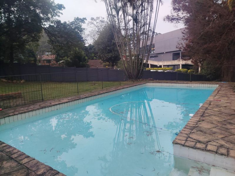 A rectangular swimming pool with brick coping and wire mesh fencing, set within a garden area.