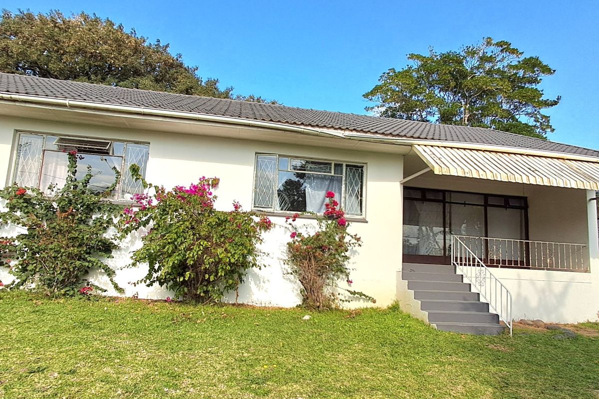 Rear view of a single-story house featuring a tiled roof, covered patio area with concrete steps, and established garden landscaping.
